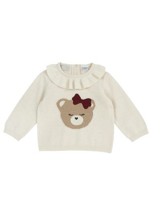 Maglione per neonato crema a maniche lunghe con collo arricciato e faccia di orsacchiotto con occhi chiusi e fiocco rosso sul davanti.