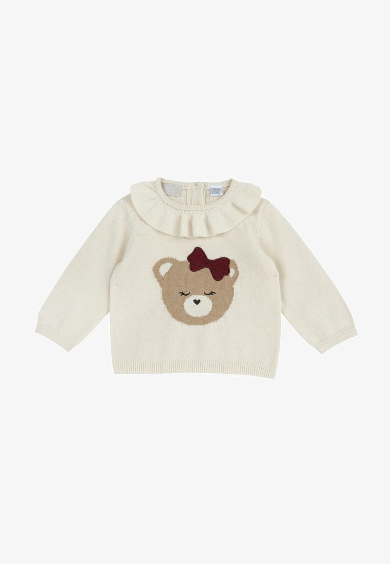 Pull bébé crème à manches longues avec col volanté et visage d'ours en peluche aux yeux fermés et nœud rouge sur le devant.