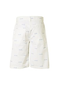 Shorts blancs mi-genoux avec logos "eckō unltd." bleu clair répétés et deux poches arrière.