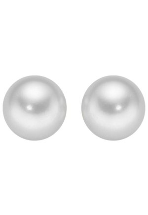 Runde, weiße Perlen mit einer glatten, glänzenden Oberfläche. Jede Perle hat einen leicht irisierenden Schimmer, der ein klassisches Design zur Schau stellt.