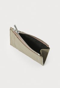 Textured light gray leather pencil case with a zippered closure, featuring a black interior and a metallic zipper accent.