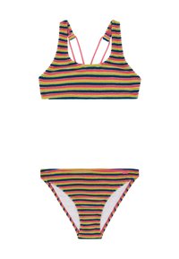 Prugasti bikini set s teksturiranim materijalom. Gornji dio ima kvadratni izrez s rozim trakama, dok dno ima odgovarajuće pruge s bijelim naglascima.