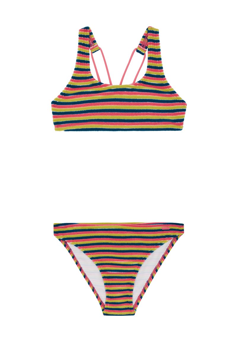 Prugasti bikini set s teksturiranim materijalom. Gornji dio ima kvadratni izrez s rozim trakama, dok dno ima odgovarajuće pruge s bijelim naglascima.
