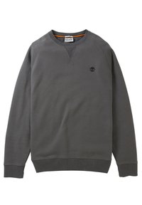 Felpa grigia scura con collo a costine, maniche lunghe, polsini e orlo a coste, piccolo logo Timberland ricamato in nero sul lato sinistro del petto.