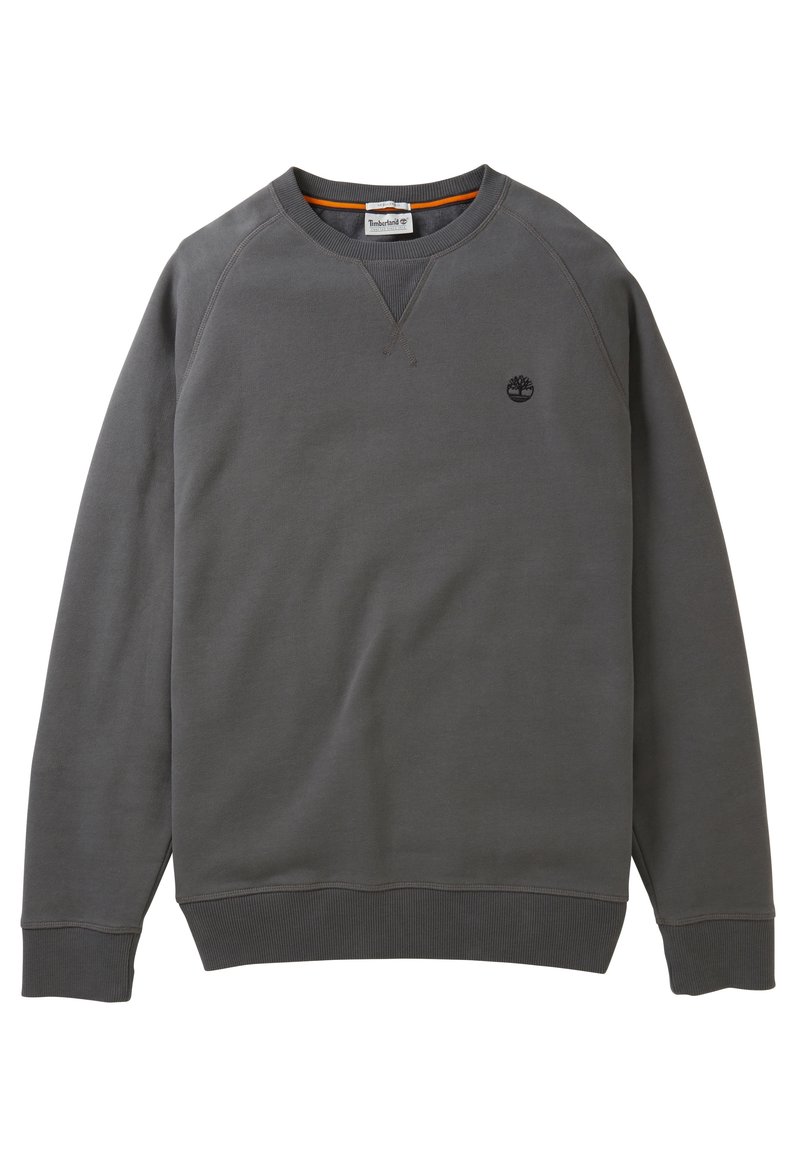 Felpa grigia scura con collo a costine, maniche lunghe, polsini e orlo a coste, piccolo logo Timberland ricamato in nero sul lato sinistro del petto.