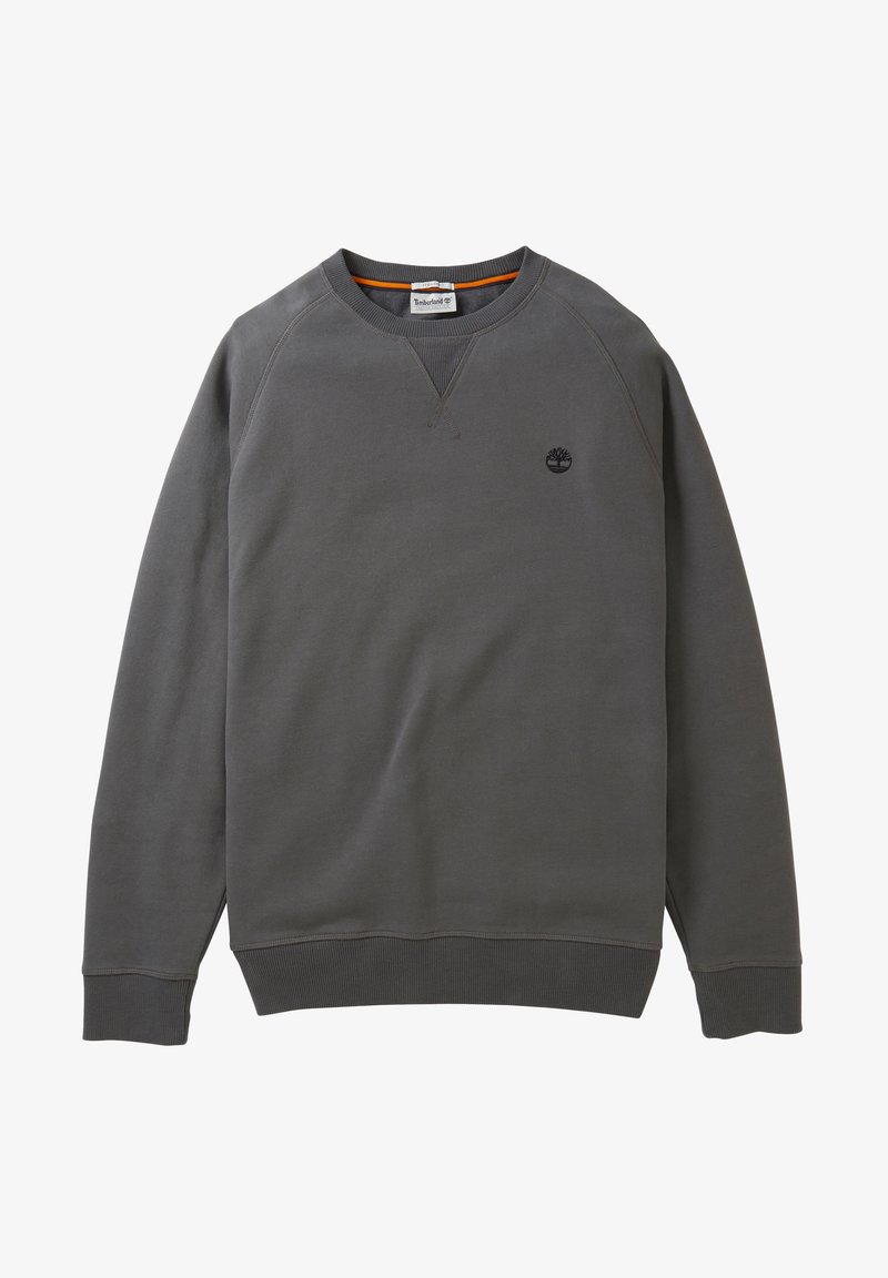 Sudadera de cuello redondo en gris oscuro con mangas largas, puños y dobladillo acanalados, pequeño logo de Timberland bordado en negro en el lado izquierdo del pecho.
