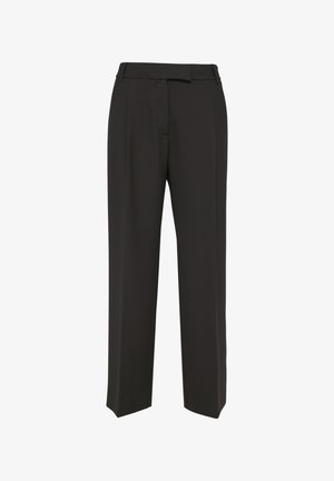 Zwarte op maat gemaakte rechte broek met een hoge taille en een verborgen sluiting aan de voorkant, tegen een witte achtergrond.