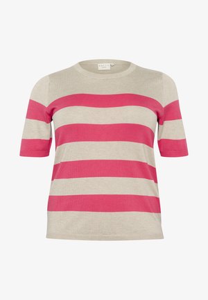 Hellbeige Kurzarm-Top mit breiten rosa Streifen. Verfügt über einen runden Ausschnitt und einen weichen, strukturierten Stoff. Lässiges Design für angenehmen Tragekomfort.