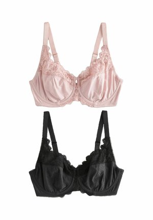 Kaksi kirjailulla koristeltua alustoppia, toinen vaaleanpunainen ja toinen musta, molemmissa säädettävät olkaimet ja hienovarainen pilkullinen kangaskuvio.