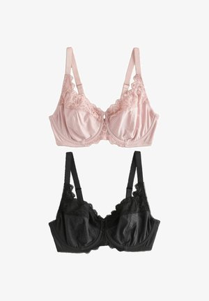 Kaksi kirjailulla koristeltua alustoppia, toinen vaaleanpunainen ja toinen musta, molemmissa säädettävät olkaimet ja hienovarainen pilkullinen kangaskuvio.