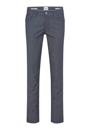 Herren-Slim-Fit-Hose in Grau mit strukturierter Optik, vorderer Knopf- und Reißverschluss, Taschen vorne und hinten sowie Gürtelschlaufen.