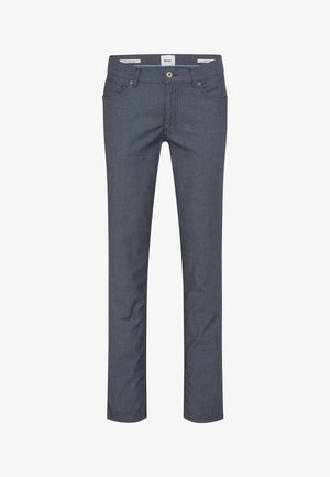 Herren-Slim-Fit-Hose in Grau mit strukturierter Optik, vorderer Knopf- und Reißverschluss, Taschen vorne und hinten sowie Gürtelschlaufen.