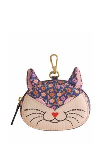 Rund myntbörs i tyg med blommönster och kattmotiv, med rosa öron, ett broderat ansikte och ett guldklämma för fäste.