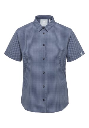 Camicia a maniche corte con bottoni, motivo a quadretti blu e grigio, colletto e logo Mammut sull'etichetta interna e sulla manica sinistra.