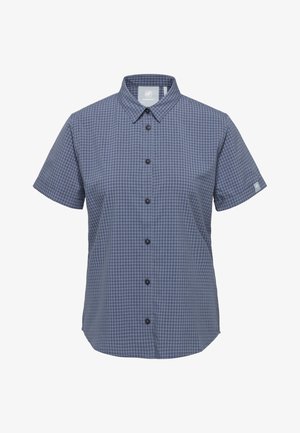 Camicia a maniche corte con bottoni, motivo a quadretti blu e grigio, colletto e logo Mammut sull'etichetta interna e sulla manica sinistra.