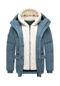 Padded jacket in soft light blue fabric with a cream faux fur lining. Features a hood, zip closure, and pockets on the front.