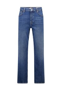 Blue denim jeans with a straight-leg design, five pockets, front button closure, and faded texture, showcasing classic style.