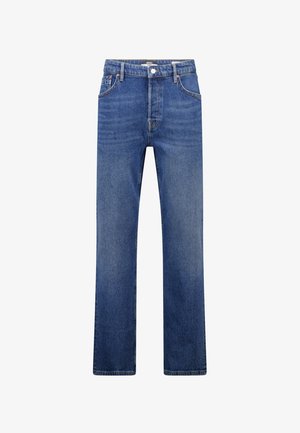 Blue denim jeans with a straight-leg design, five pockets, front button closure, and faded texture, showcasing classic style.