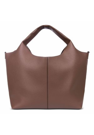 Sac à main en cuir marron texturé avec de larges anses supérieures et une couture centrale, présenté sur un fond blanc.