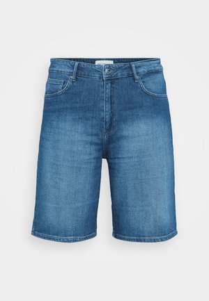 Denim šorti vidēji zilā krāsā ar nelielu izbalēšanu, piecu kabatu dizains, pogu un rāvējslēdzēja aizdare, un taisna kāju izgriezums.