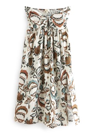 Strapless lightweight dress with brown, blue, and black floral pattern on white fabric and a bow detail at the chest.