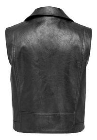 Černá kožená vesta s límečkem, bez rukávů, s texturovaným povrchem a viditelnými švy podél stran.