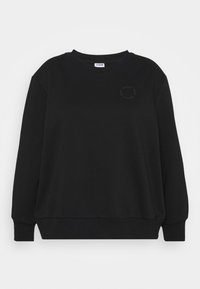 Zwarte sweatshirt van zacht materiaal, met een ronde hals, lange mouwen en een klein rond logo op de borst.