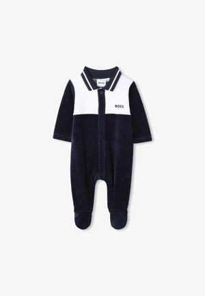 Námořnická modrá overal vyrobený z jemné látky, s bílým límečkem, dvěma knoflíky a logem BOSS. Dlouhé rukávy a design s ponožkami pro teplo.