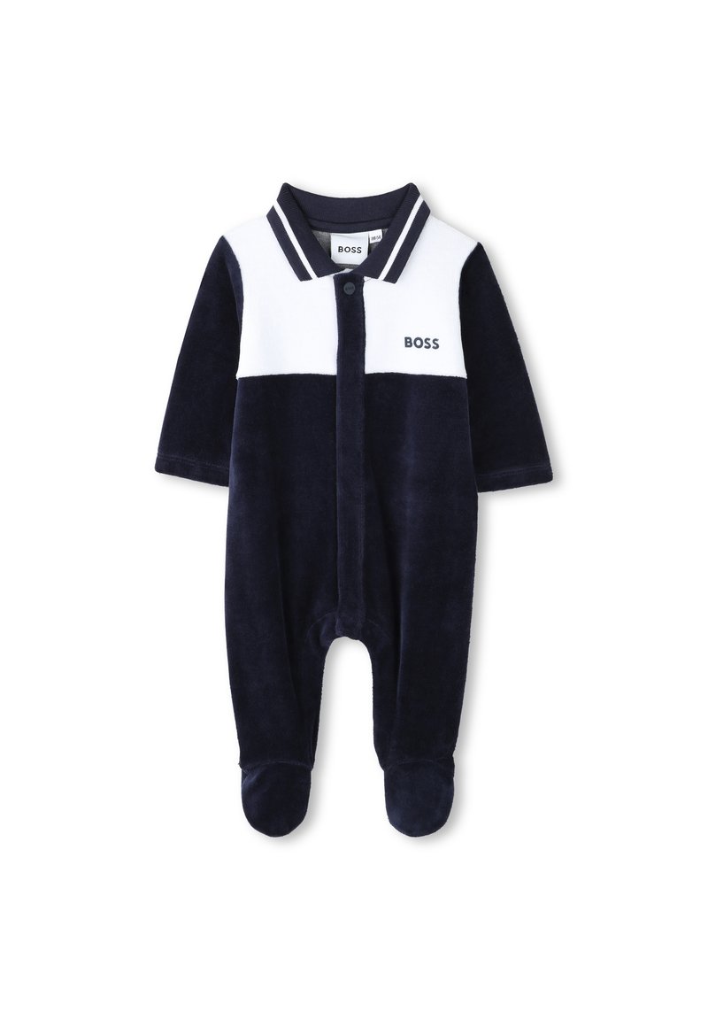 Bodysuit bleu marine en tissu doux, avec un col blanc, deux boutons et un logo BOSS. Manches longues et design avec pieds pour plus de chaleur.