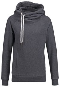Sweat à capuche gris foncé à manches longues avec un large col bénitier, cordons blancs, poches latérales, et poignets et ourlet côtelés.