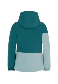 Hoodie-Jacke mit oberem Abschnitt in Teal und unterem Abschnitt in Hellblau. Verfügt über elastische Bündchen und eine glatte Textur. Rückansicht.