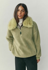 Heleroheline fliisist pullover kunstkarusnahast kraega, poollukuga ees ja pikkade varrukatega; omab pehmet ja tekstuurset viimistlust.