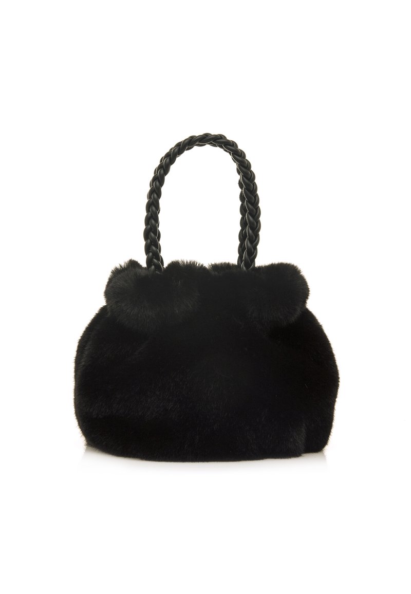 Borsa in ecopelle nera con parte superiore arricciata, manici intrecciati e un finish morbido e testurizzato. Forma rotonda con un aspetto soffice.