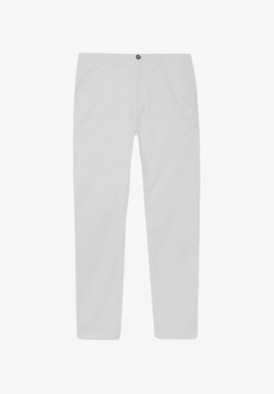 Light gray, straight-leg trousers made of smooth fabric. Features a front button closure and side pockets. No visible patterns or accents.