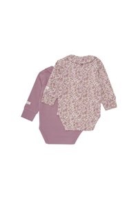 Deux bodies pour bébé à manches longues : l'un est uni mauve, l'autre présente un motif floral rose. Tissu en coton doux, avec des pressions en bas pour la fermeture.