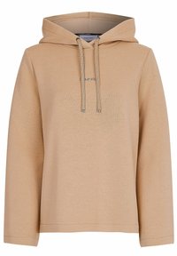 Sweat à capuche beige en tissu doux, avec une poche avant, des cordons de serrage avec embouts métalliques et un logo sur la poitrine.