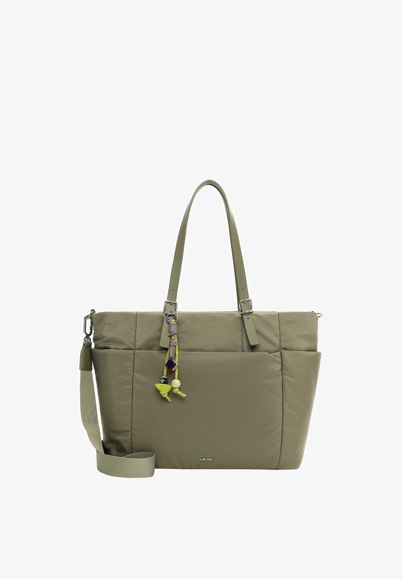Olive green tote bag with double handles, adjustable shoulder strap, front pocket, and decorative beaded tassel charm.