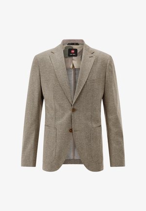 Light brown blazer made from textured fabric, featuring a single button, notched lapels, and two front pockets. Lined interior displays subtle pattern.