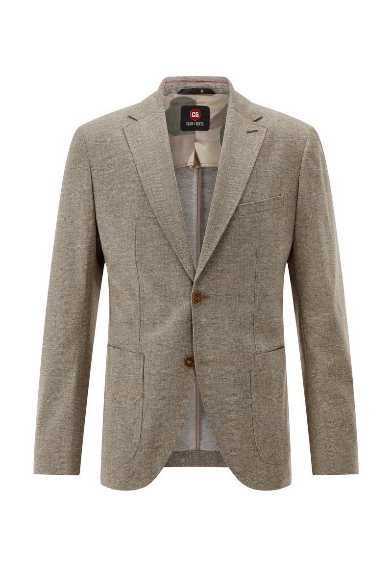Blazer marrone chiaro in tessuto strutturato, con un solo bottone, rever a lancia e due tasche frontali. Interno foderato con motivo sottile.