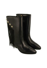 Botas de cuero negro hasta el tobillo con puntas afiladas, que cuentan con acentos de hardware dorado y detalles de flecos en el costado. Textura suave.