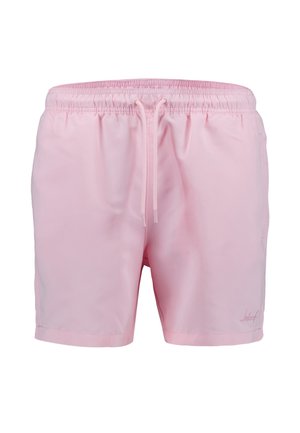 Costume da bagno da uomo rosa chiaro con vita elastica e coulisse frontale, vestibilità sartoriale e logo discreto del marchio sulla parte inferiore sinistra della gamba.