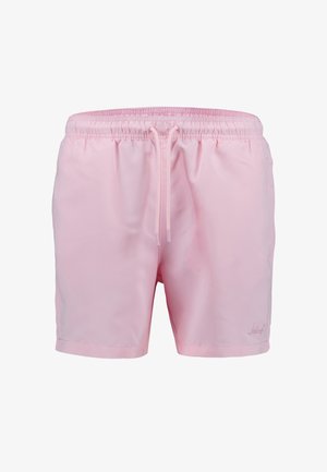 Hellrosa Herren-Badeshorts mit elastischem Bund und vorderem Kordelzug, taillierter Passform und dezentem Markenlogo am unteren linken Bein.