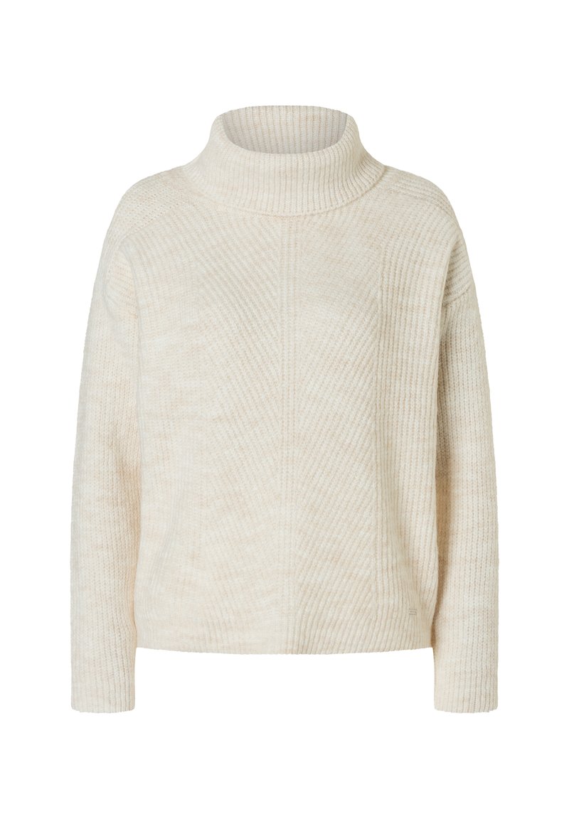 Cremefarbener gerippter Strickpullover mit langen Ärmeln und umgeschlagenem Rollkragen, auf einem weißen Hintergrund präsentiert.