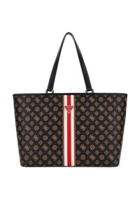 Sac fourre-tout noir avec des logos marron, des détails rayés rouges et blancs, et des poignées noires doubles. Matériau lisse avec une forme structurée et des accents métalliques.