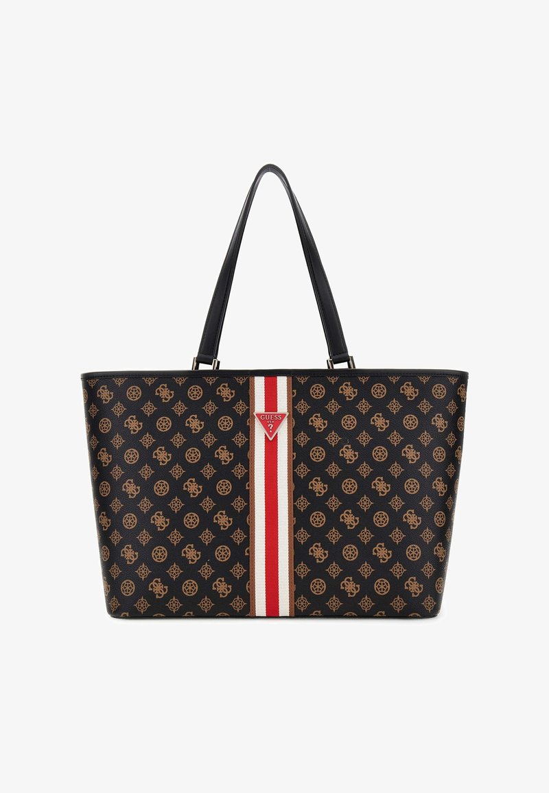 Sac fourre-tout noir avec des logos marron, des détails rayés rouges et blancs, et des poignées noires doubles. Matériau lisse avec une forme structurée et des accents métalliques.