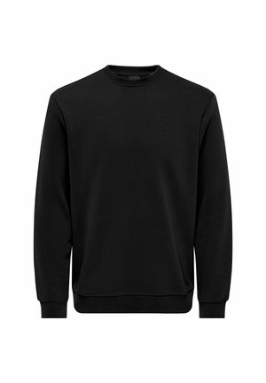 Czarna bluza z miękkiego materiału, z okrągłym dekoltem, długimi rękawami oraz ściśniętymi mankietami i dolnym brzegiem o gładkiej fakturze.