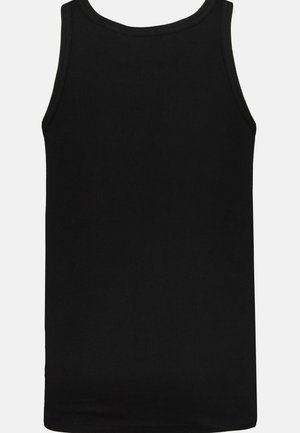 Čierny top bez rukávov z rebrového materiálu, s okrúhlym výstrihom a bez viditeľných švov na chrbte. Jednoduchý a priliehavý dizajn.