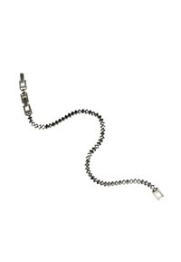 Bracciale metallico nero con maglie alternate angolari e lisce, dotato di una chiusura rettangolare e un design testurizzato e sfaccettato in tutto il bracciale.