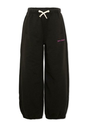 Pantalones deportivos negros de pierna ancha con puños elásticos, cintura con cordón blanco, bolsillos laterales y texto rosa "Palm Angels" en el muslo izquierdo.