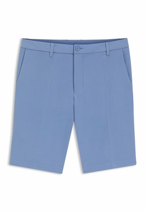 Vaaleansiniset räätälöidyt shortsit, joissa on vyölenkit, sivutaskut, nappisuljenta ja suora etupuoli valkoista taustaa vasten.